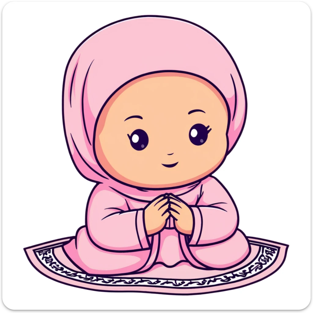 baby Muslim girl wearing pink dress on a light pink prayer rug sticker