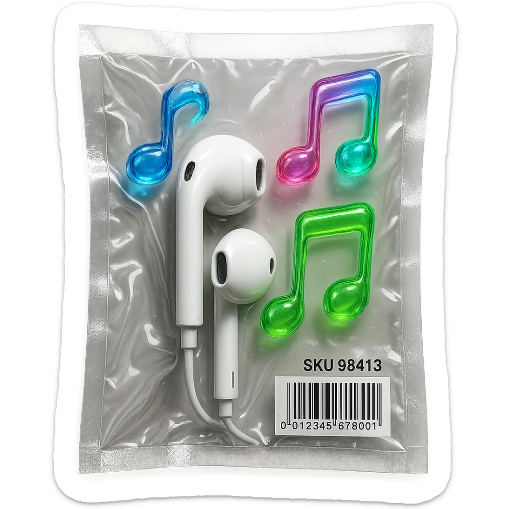 pair of white EarPods with three floating glass music notes in neon colors, shiny and puffy sticker