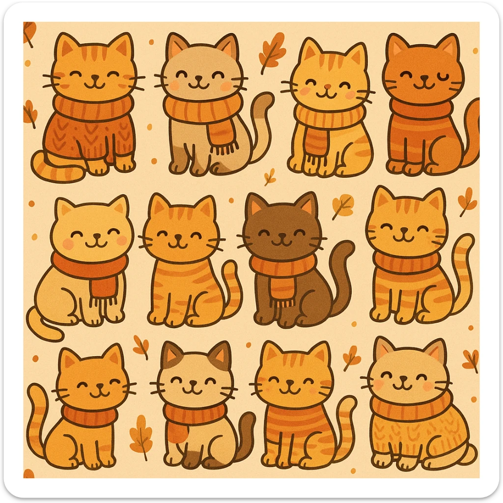 cute cats in scarves and sweaters, seamless pattern, autumn colors, warm and cozy vibe, playful cartoon style sticker