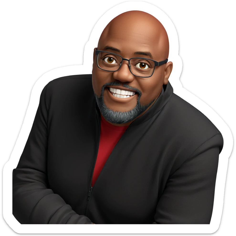 smiling man in red shirt sticker