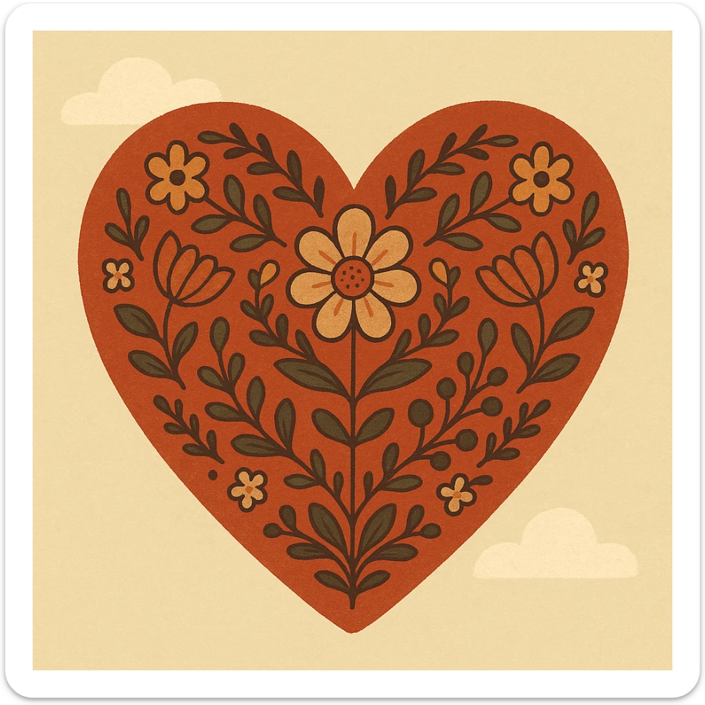 red heart with intricate Scandinavian folk art nature motif, vibrant floral and leaf patterns, symmetrical, inspired by traditional Nordic designs sticker