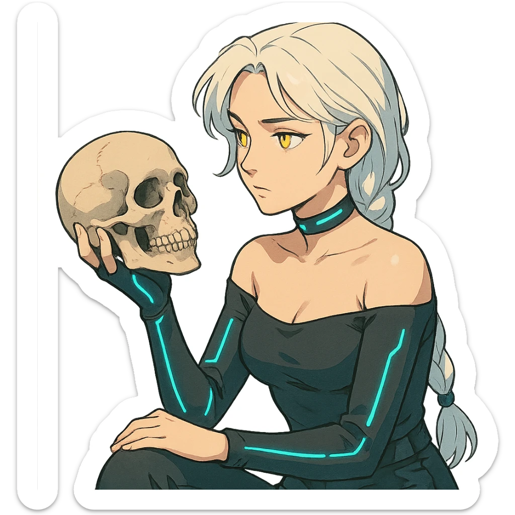 she is holding a skull, pondering as in shakespeare, a closeup portrait of young woman with gold yellow eyes, white hair, long braid, black off-shoulder top d-cup, punk gothic style, futuristic cyberwave cyberpunk, sitting position sticker