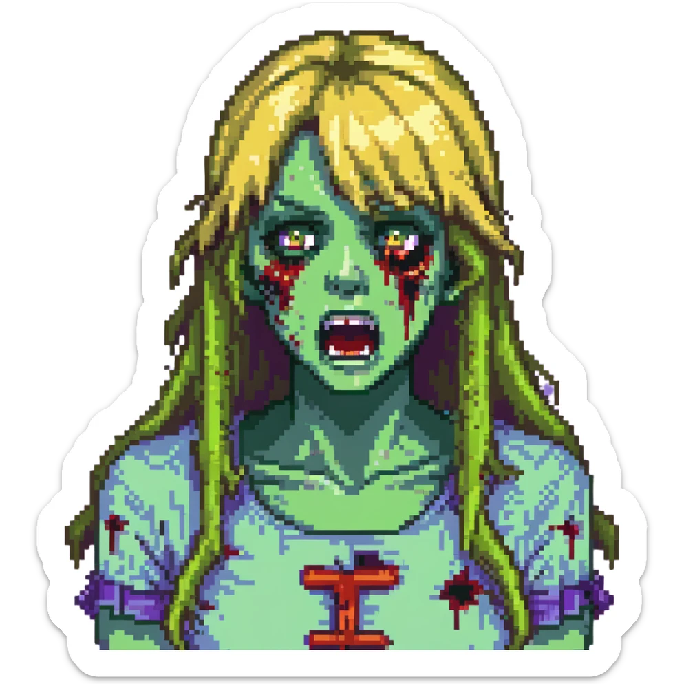 Zombie girl with green skin, bruised face, open mouth, long blonde hair with bangs sticker