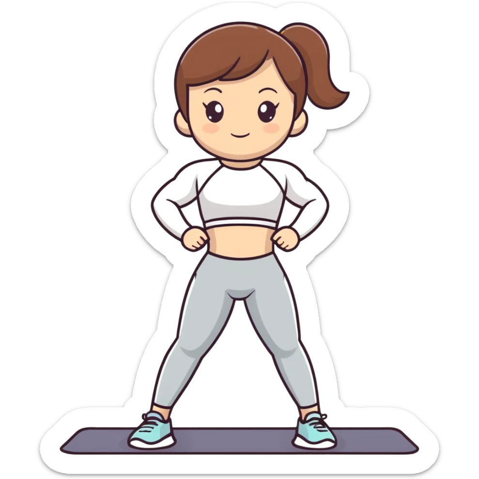 A girl with brown hair is doing a workout, she's wearing gray leggings and a white rashguard sticker