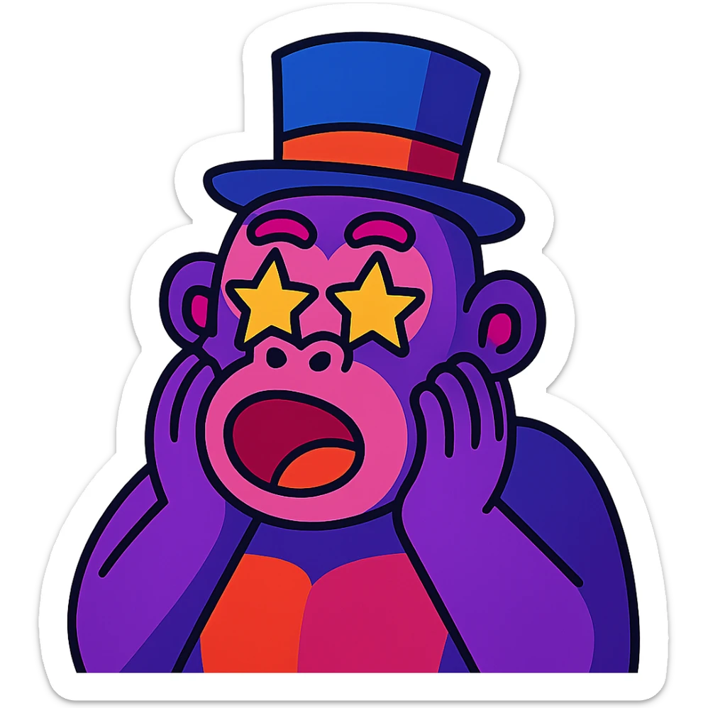 amazed purple gorilla with star eyes and a tophat, vibrant colorful style sticker