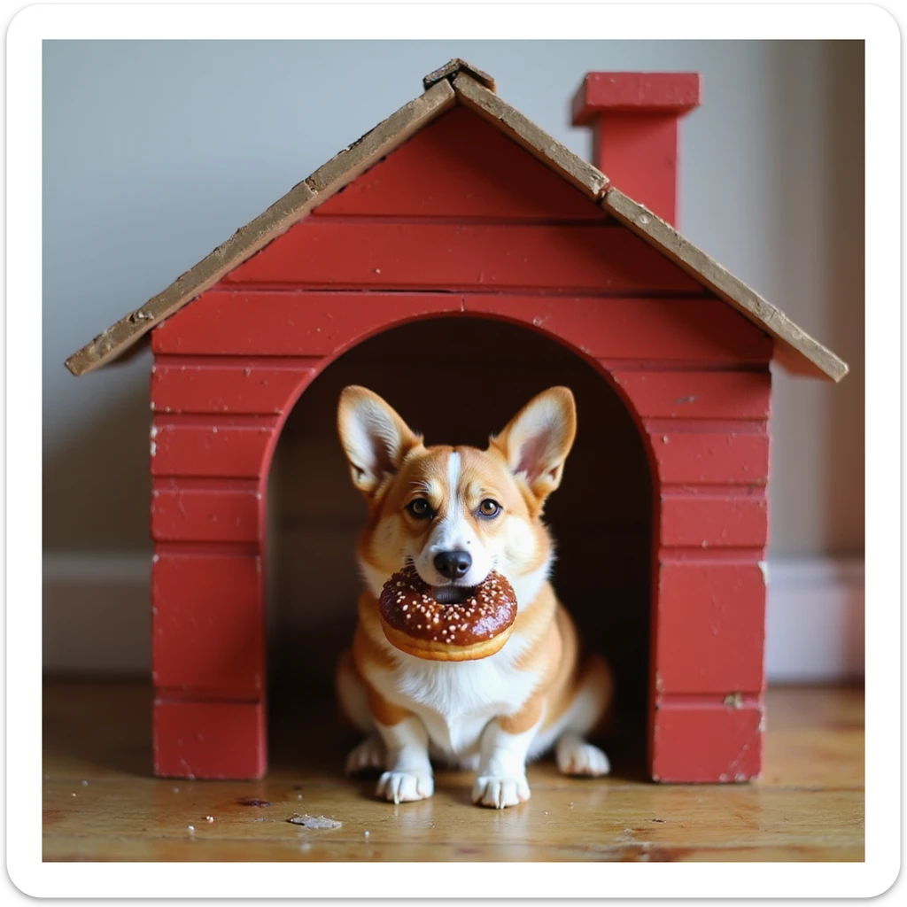 realistic red dog house with a Corgi dog inside, Corgi with a donut, photorealistic style sticker