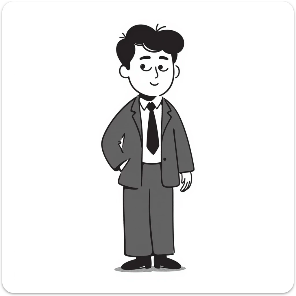 Sketch of a middle-aged man with stern expression, short hair, wearing a suit and tie sticker