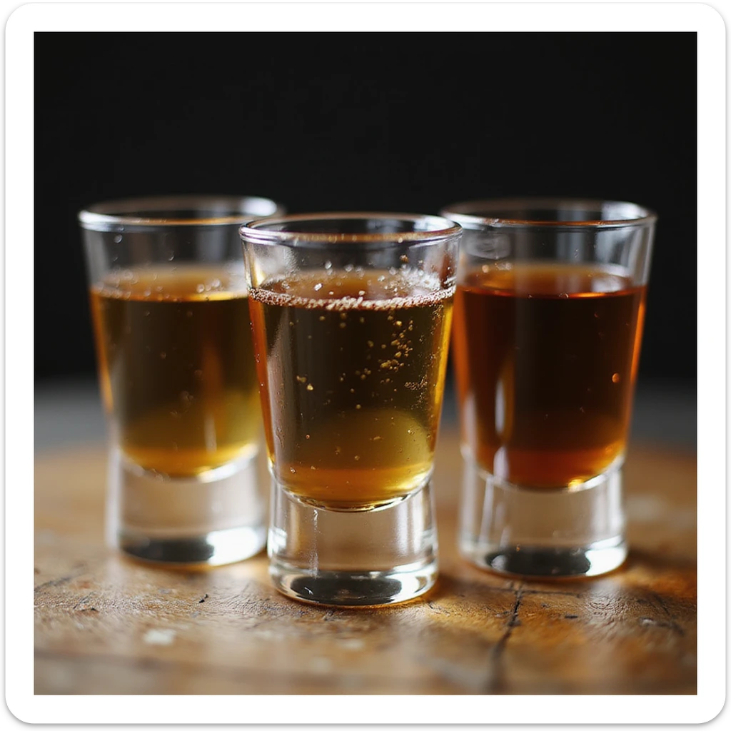 three shot glasses, realistic style, filled with different liquors sticker