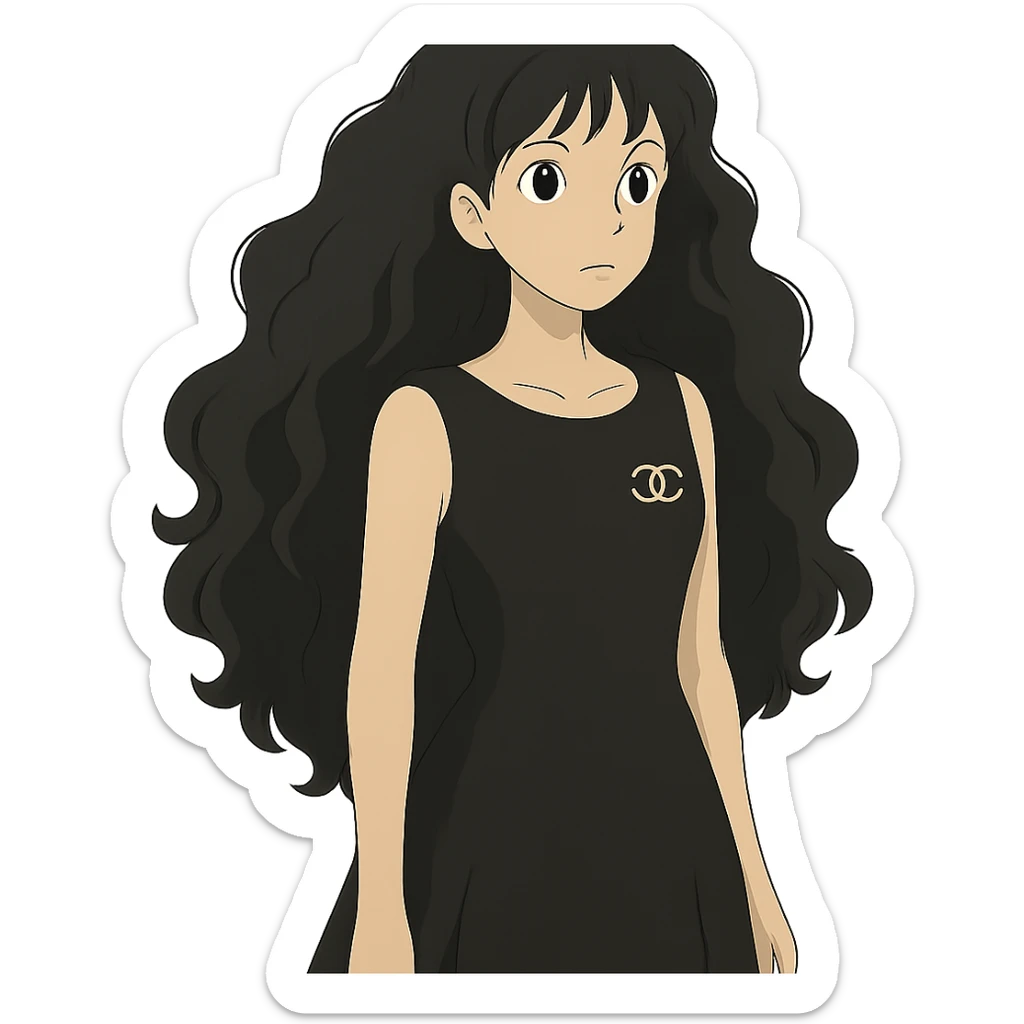 light skin girl with very long black curly hair, brown eyes, black Chanel dress sticker