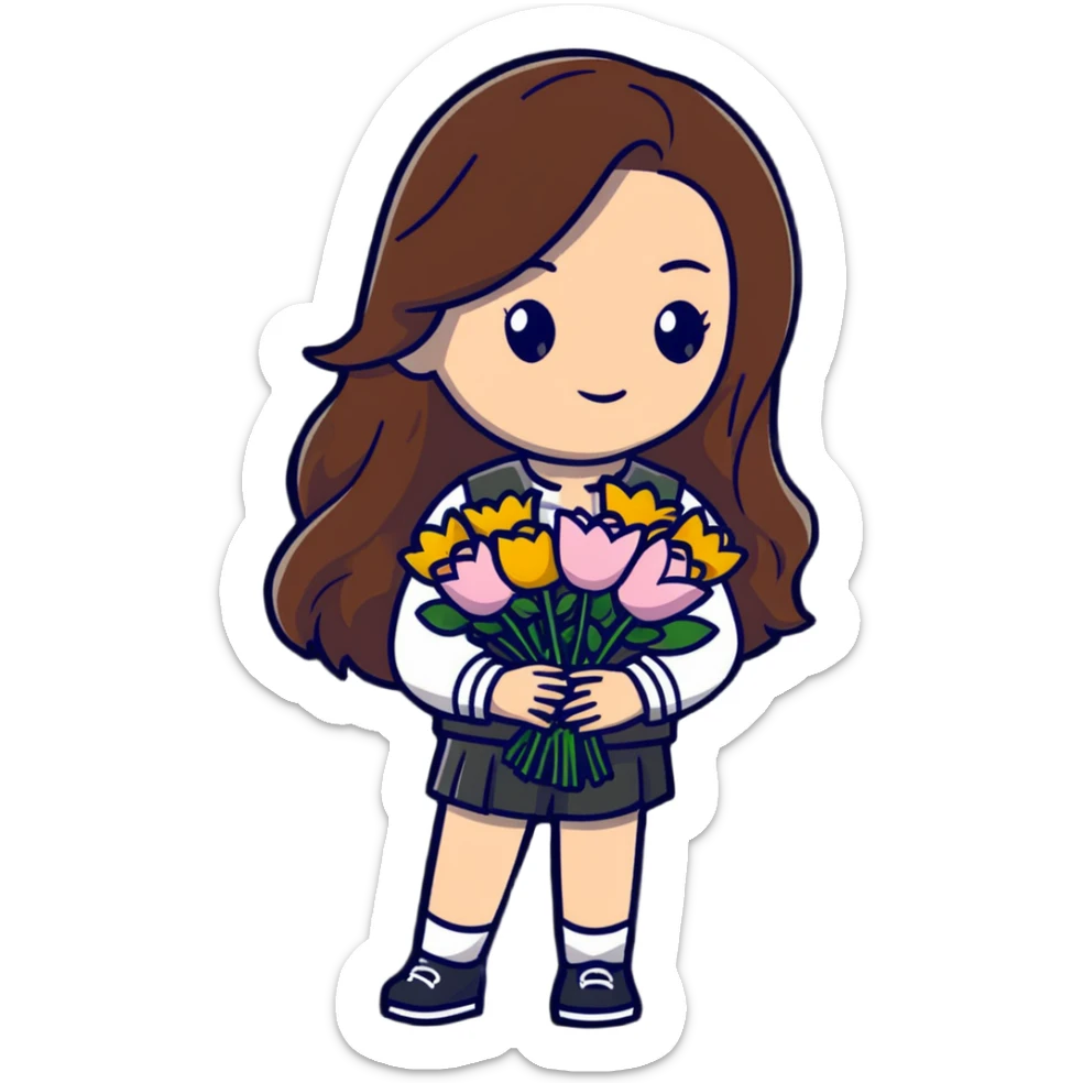 cool girl with long brown hair holding a bouquet of flowers, trendy outfit, stylish sticker