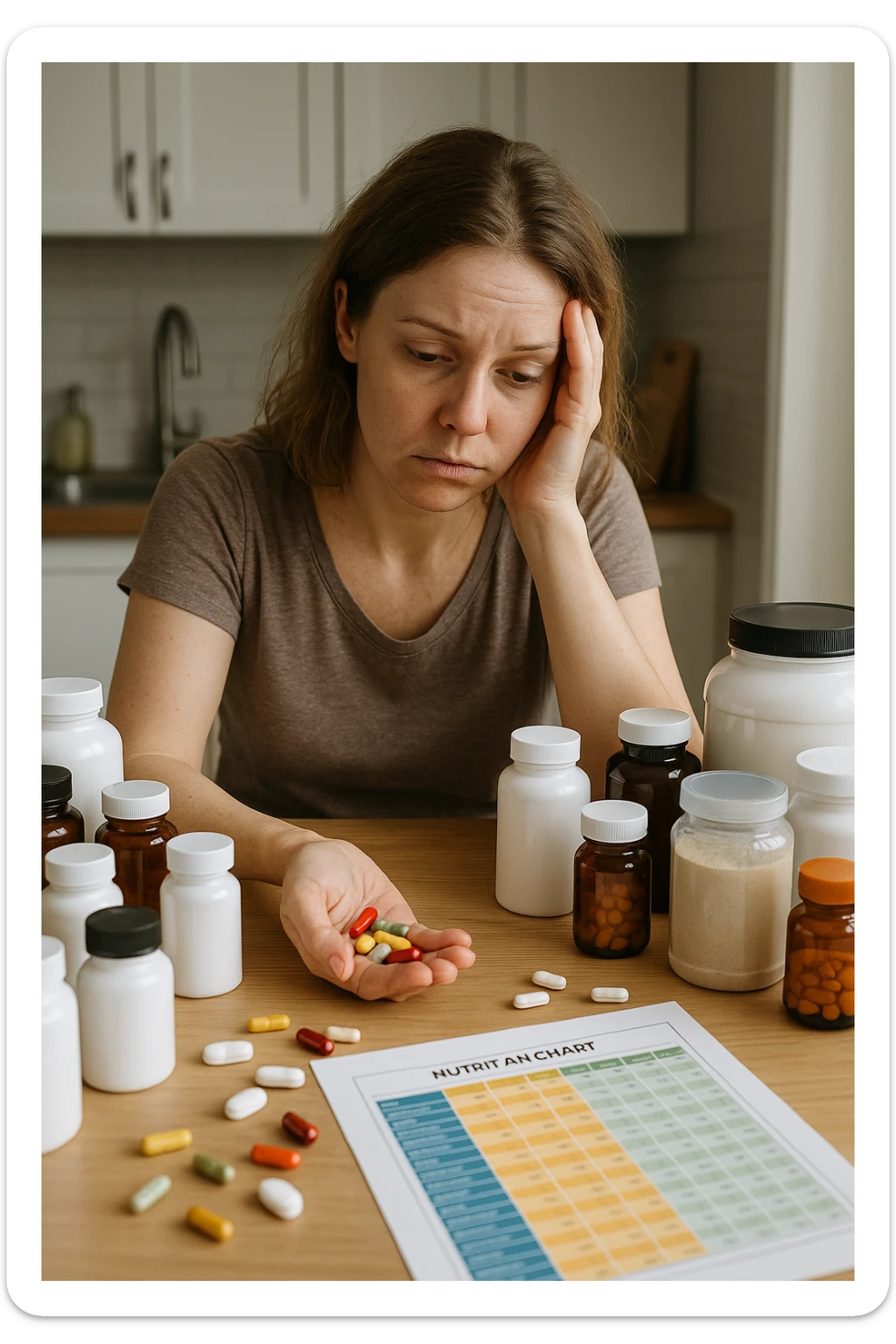a woman in her 30s sits at her kitchen table, surrounded by dozens of supplement bottles, powders, and pills. She looks anxious and fatigued, with her head resting in one hand while the other holds a handful of colorful capsules. On the table, a nutrition chart is ignored, and her skin appears slightly dull or stressed. The mood is cautionary and educational. sticker