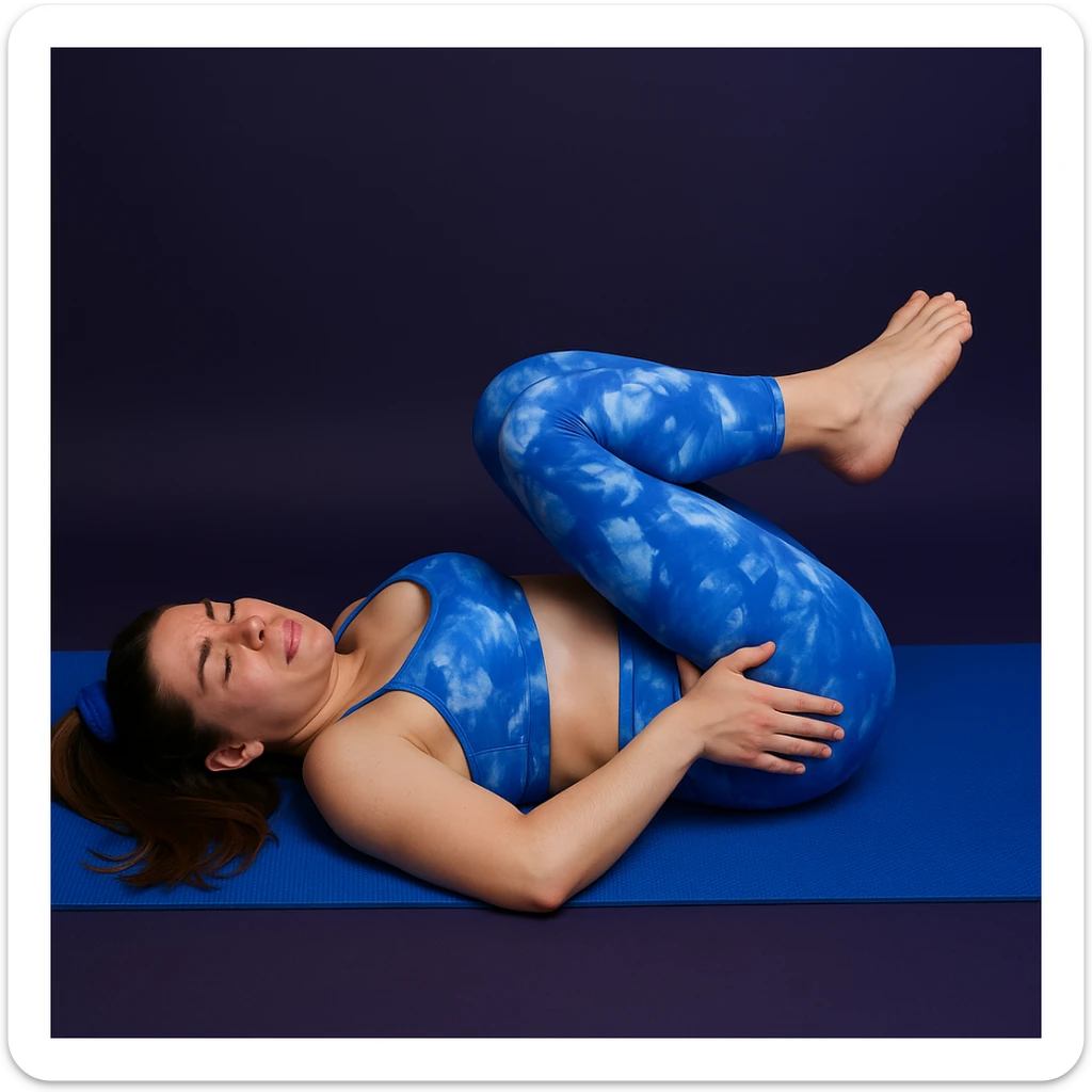 A slender woman in 4K lying on a yoga mat, knees bent toward the chest, one hand on the abdomen and the other on the pelvic area, expression of relief mixed with discomfort, inspired by the reference photo. sticker
