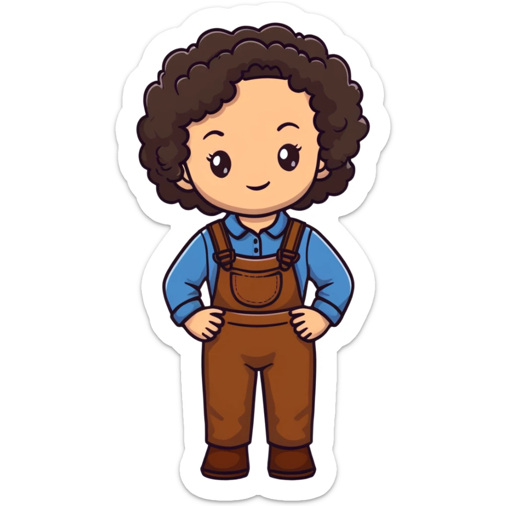 white girl with dark brown curly hair, brown eyes, wearing farm clothes sticker