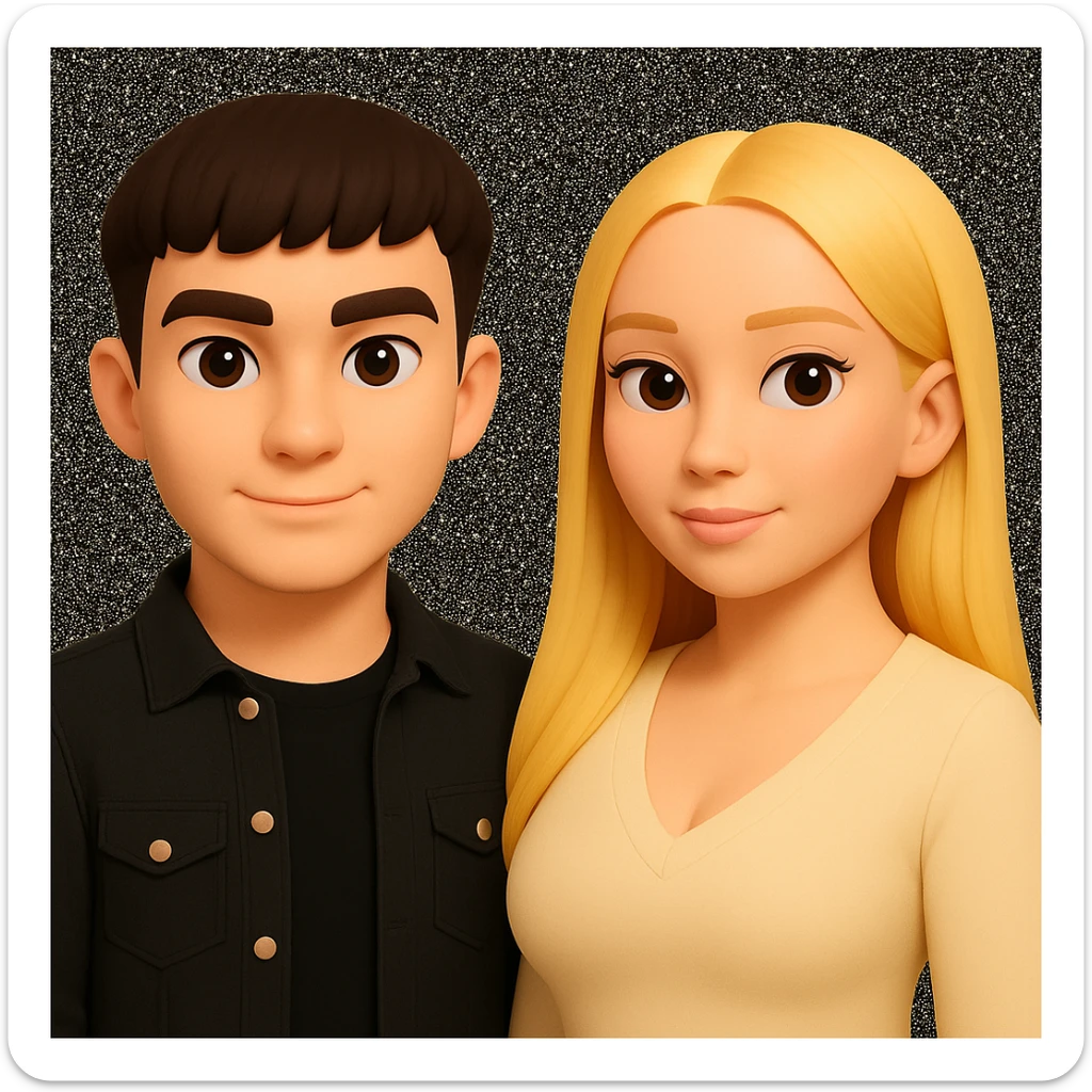 Slightly increase the volume of the upper body of the girl, separate the girl and the boy from each other, make the skin color the same for both characters, while preserving the cartoonish 3D style as in the reference image. sticker