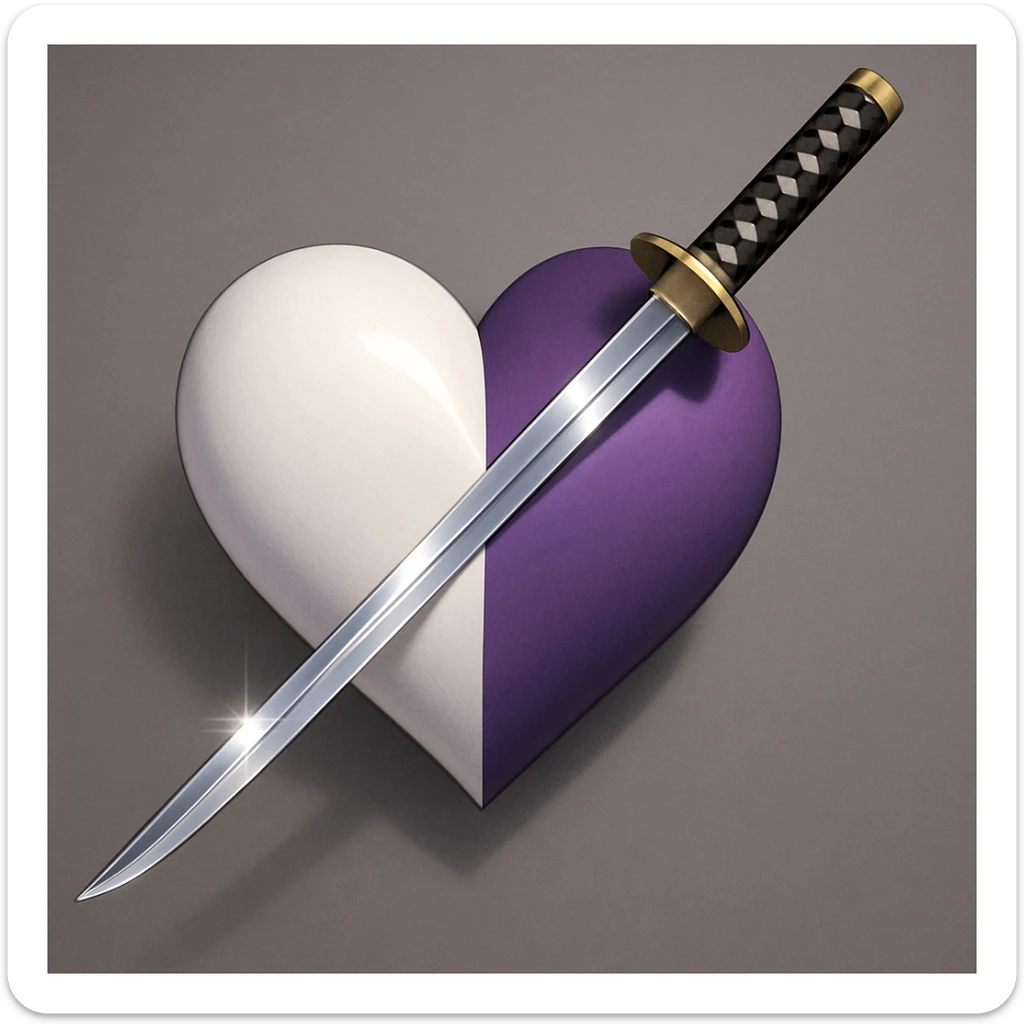 A thin and shiny katana passing through the center of a heart, heart divided into two colors (white and purple) with a subtle gradient at the junction, premium illustration style, very neat rendering. sticker