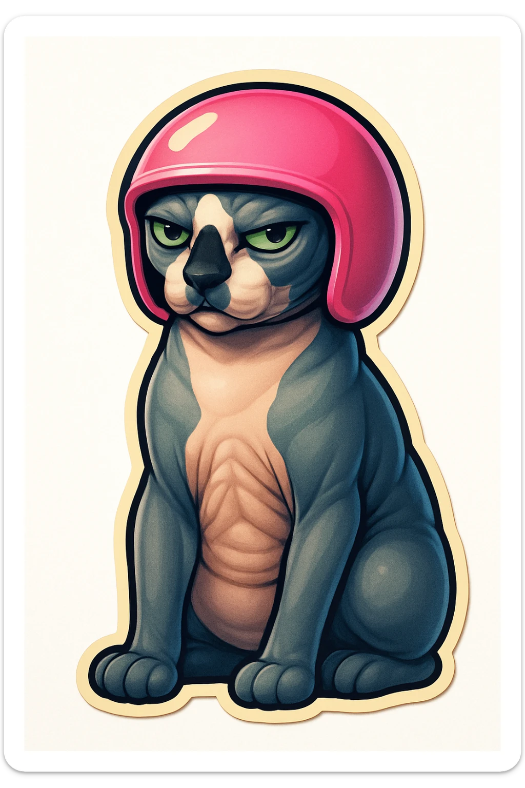 Canadian Sphynx cat with coloring as in the photo, sticker style, with a white background, with a pink helmet sticker