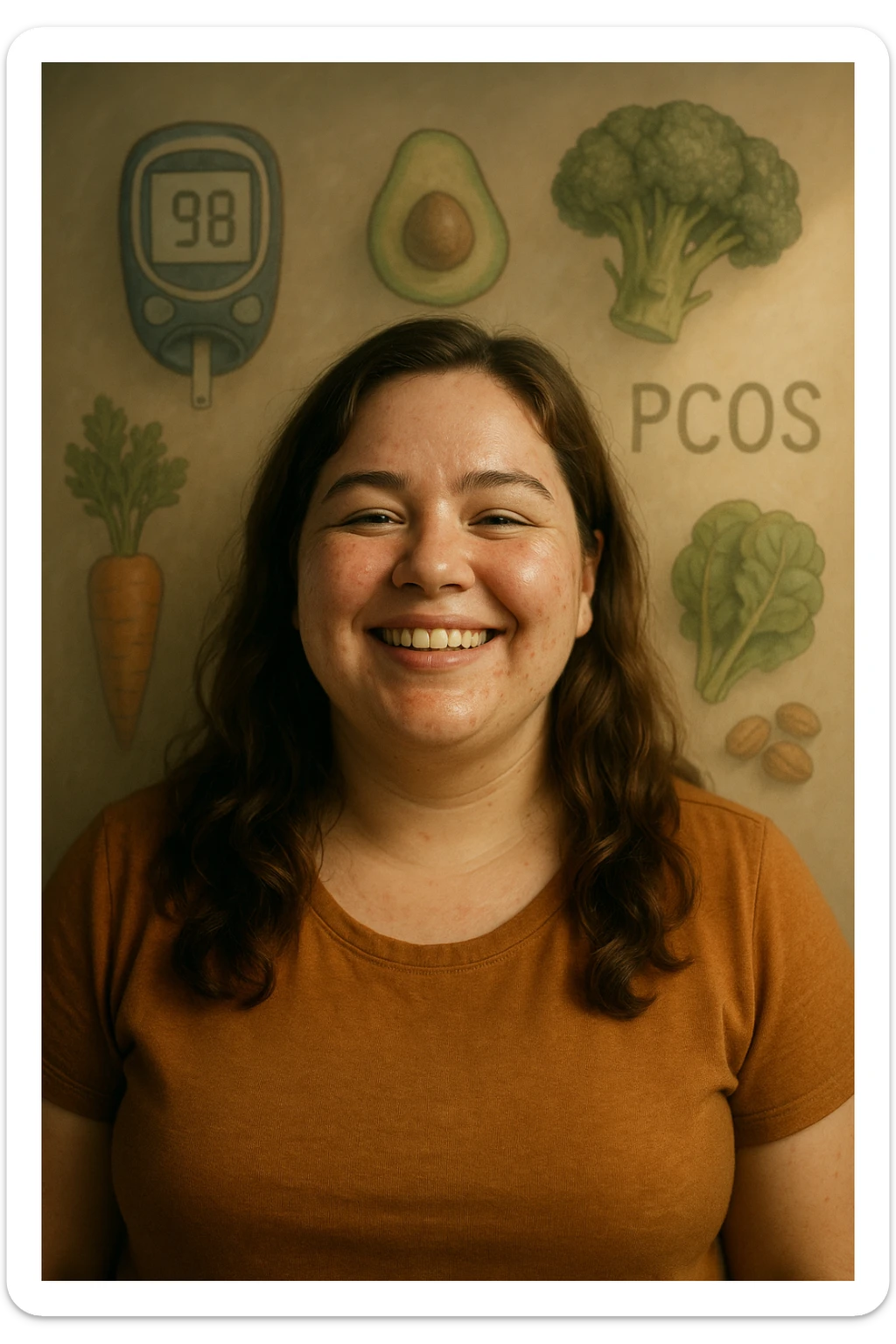 realistic cinematic portrait of a happy healthy woman with PCOS, balanced diet maintaining stable blood sugar, satisfied expression, symbols of blood sugar balance, bright atmosphere, vertical 2:3 aspect ratio, very few text sticker