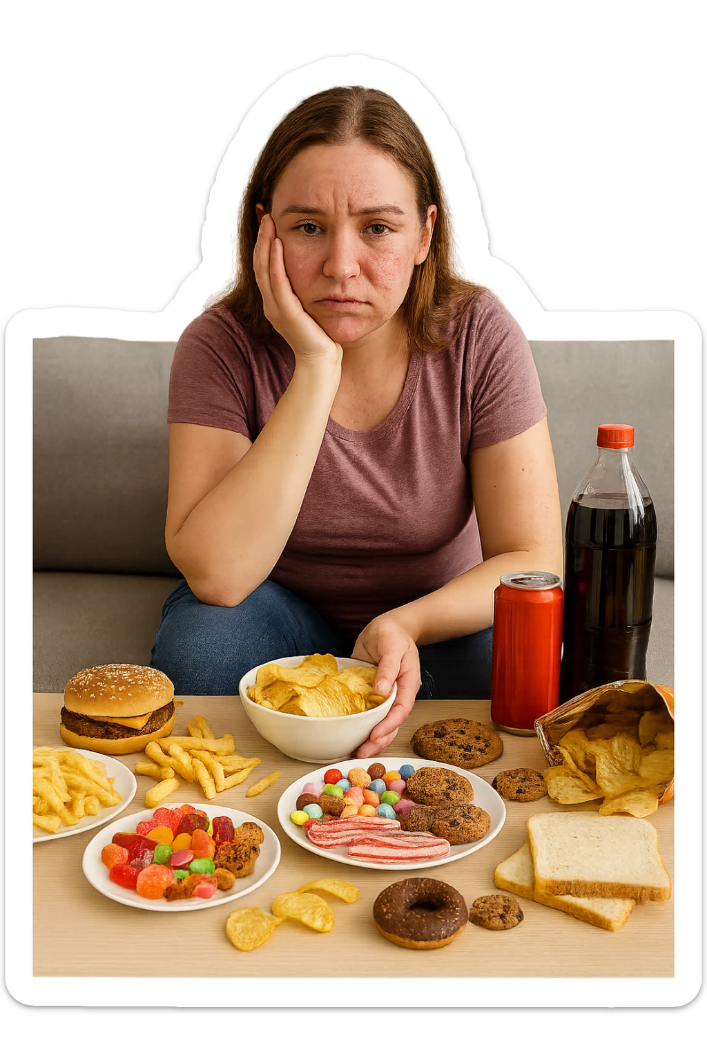 Donna tra i 25 e i 35 anni seduta sul divano o a un tavolo disordinato, circondata da cibi sparsi e poco sani: patatine, dolci, pane bianco, snack confezionati, bibite. con infiammazione e squilibri ormonali sticker