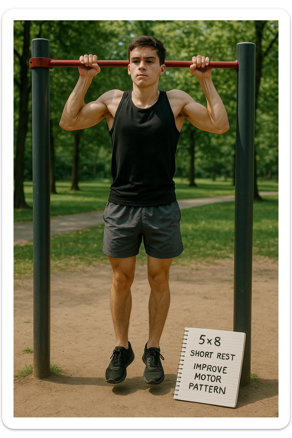 Giovane principiante dello streetlifting in un parco, fisico ancora asciutto, esegue lunghe serie di trazioni senza peso, con tecnica controllata. A terra, un taccuino con scritto '5x8 - riposo breve - migliorare schema motorio'. Espressione concentrata. Luce naturale, atmosfera educativa, senso di costruzione progressiva. sticker