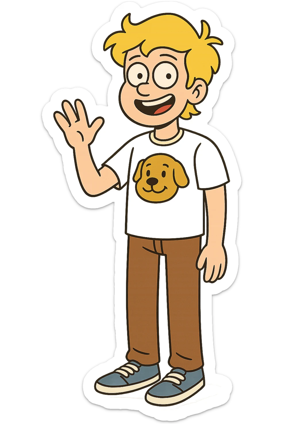A boy yellow hair dog mascot logo t-shirts brown trousers blue vans shoe  sticker