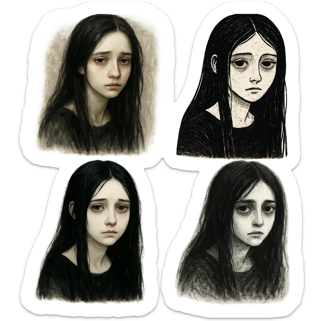 pale girl with long black hair, looking sad, emotional, portrait, variety of artistic styles sticker