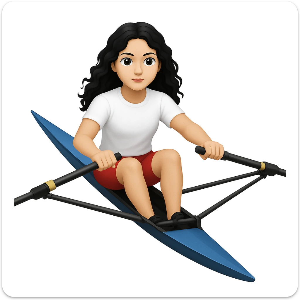 Altındaki tekneyi olimpik kürek sporu için uygun, uzun ve ince yarış teknesi olarak değiştir. Kız siyah uzun dalgalı saçlı, beyaz tenli, kırmızı şort ve beyaz kısa kollu tişörtle olimpik kürek sporu yapıyor sticker