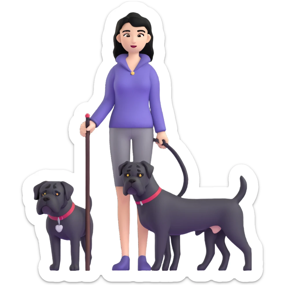 Woman with long black hair holding a black Cane Corso dog with cropped ears and short tail sticker