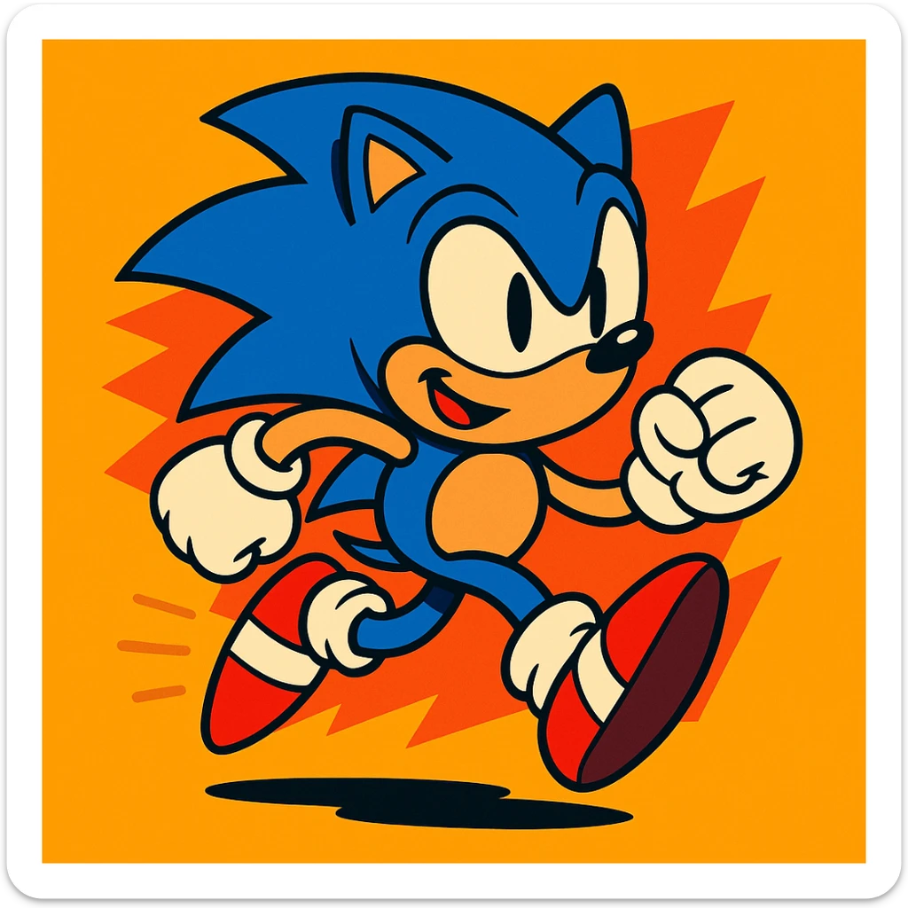 Sonic the Hedgehog, energetic blue hedgehog with red shoes, running, vibrant cartoon style sticker