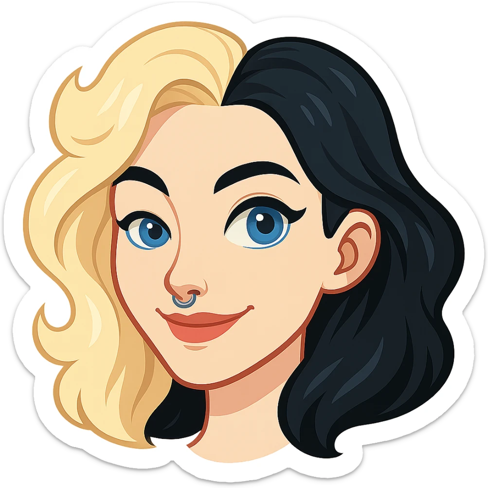 Edit the image in the style of Telegram sticker: focus on the head with hair, blue eyes, very pale skin. Make the nose neater and add a nose piercing. Do not add any white outline. Keep the background removed (transparent). sticker