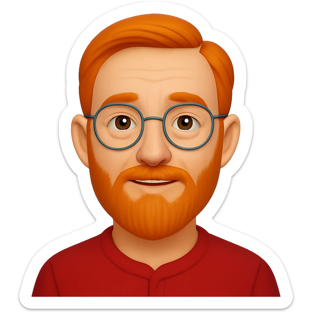 old man, orange straight hair, with beard, no mustache, wearing glasses, long face, wearing a red jacket, emoji style sticker
