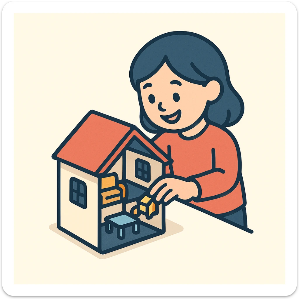 smiling girl arranging furniture in doll house sticker