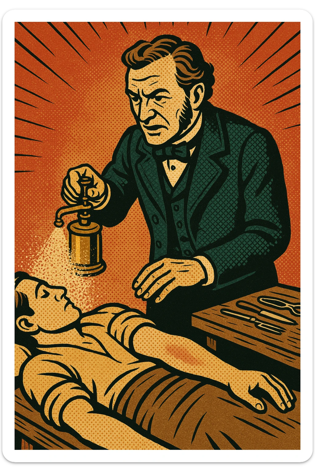 A victorian surgeon like Joseph Lister using a carbolic acid spray during an operation on a patient's arm. The patient is on a wooden operating table. There are surgical tools on a bench to the side. sticker