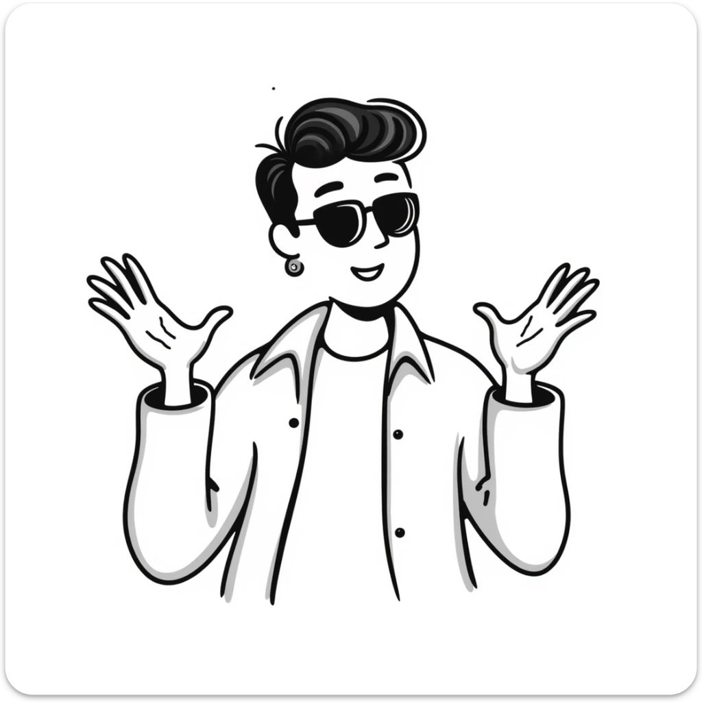 A 30-year-old Latino male with a piercing in one ear, wearing sunglasses, with short David Beckham style haircut, shrugging his shoulders with raised hands in a carefree "whatever, I'm good" gesture. He's smiling confidently while wearing a t-shirt with a light jacket sticker