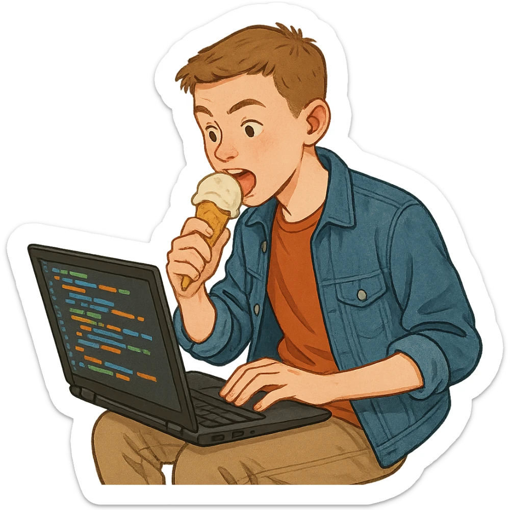 a white teenager with short hair, eating ice-cream, focused on laptop, coding, lively atmosphere, modern casual outfit sticker