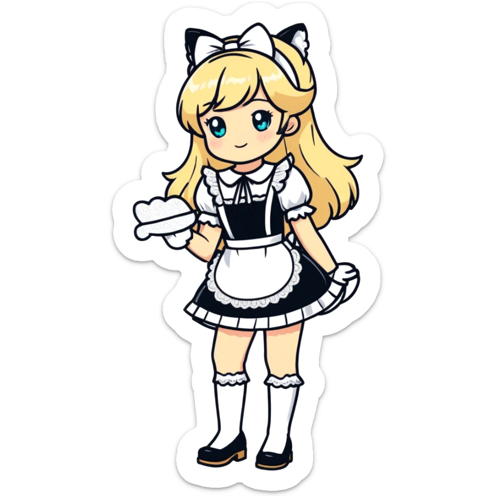 flirty petite blonde catgirl woman long hair freckles shy lace white French maid bare feet sticker
