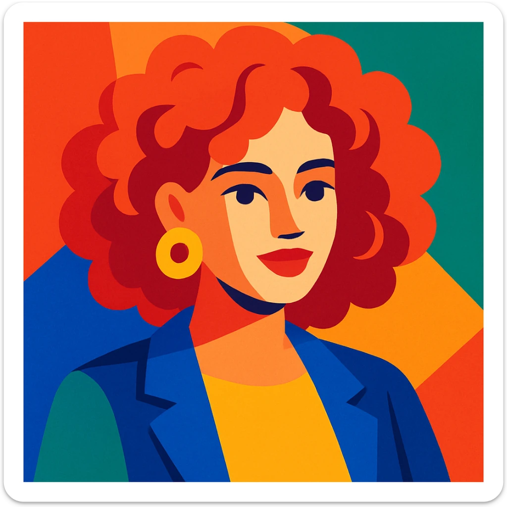curly red-haired woman, colorful illustration style, vibrant colors sticker