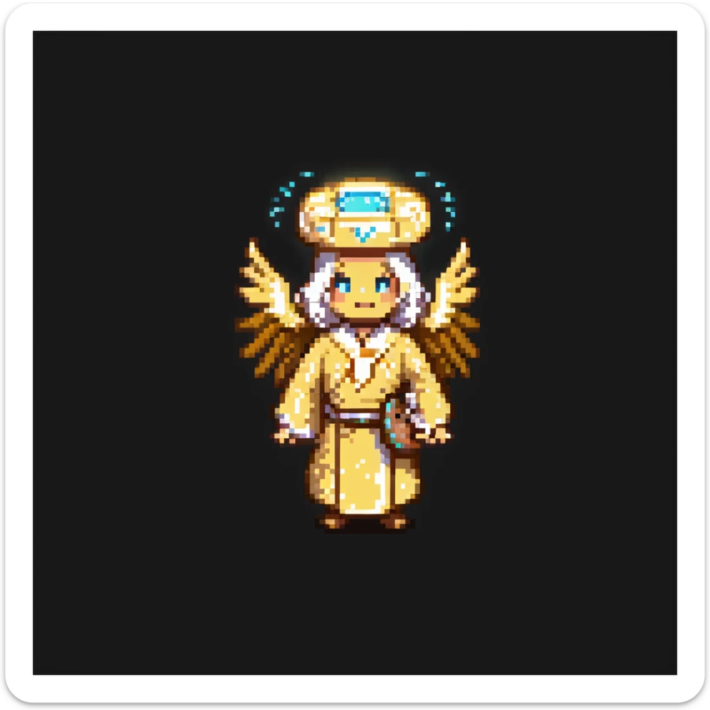 Portrait of a radiant baker with a glowing halo, golden robes, and a cookie-shaped aura, skeuomorphism style sticker