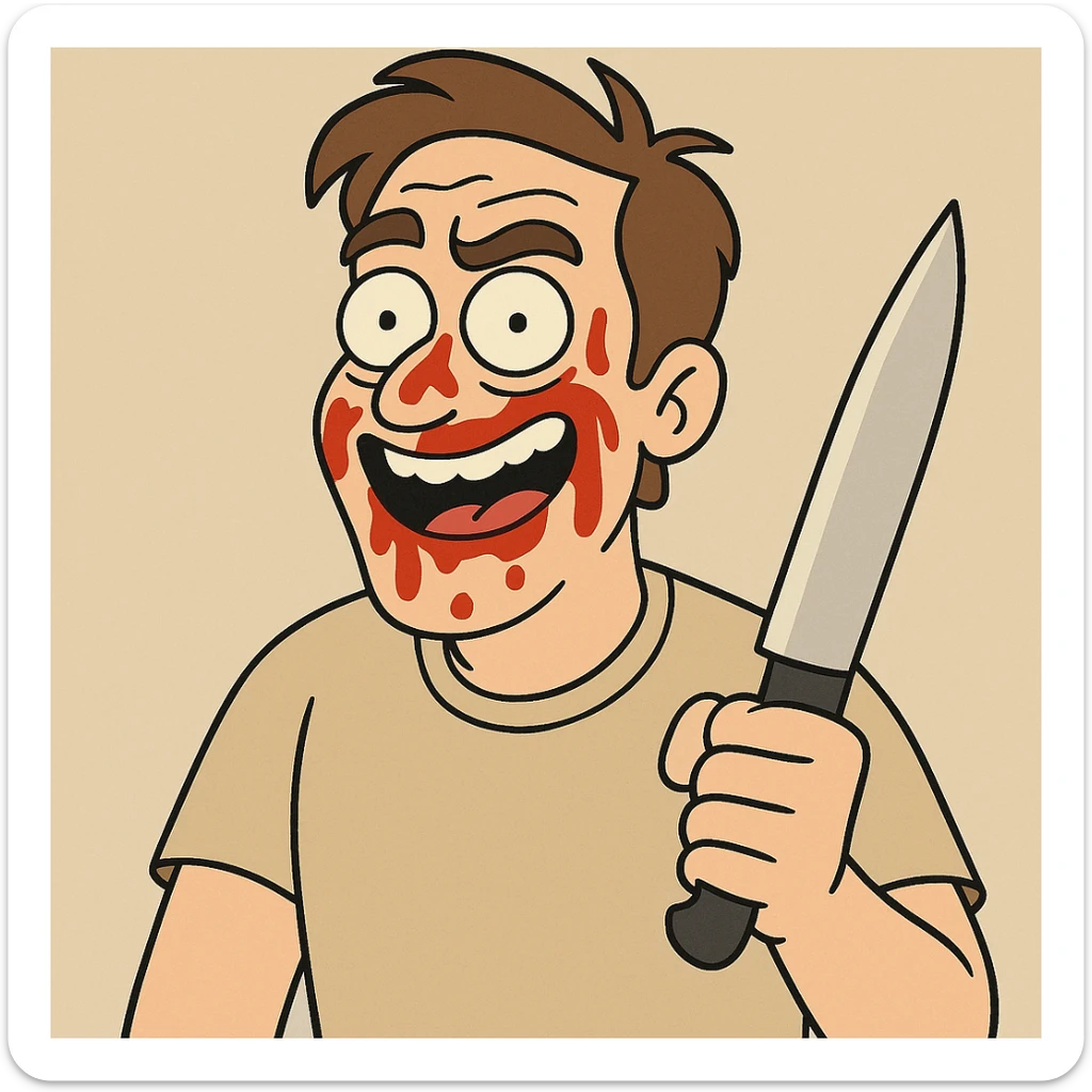 cartoon man holding a knife with ketchup smeared on his face, humorous and exaggerated, clear facial expression, no violence, neutral background sticker