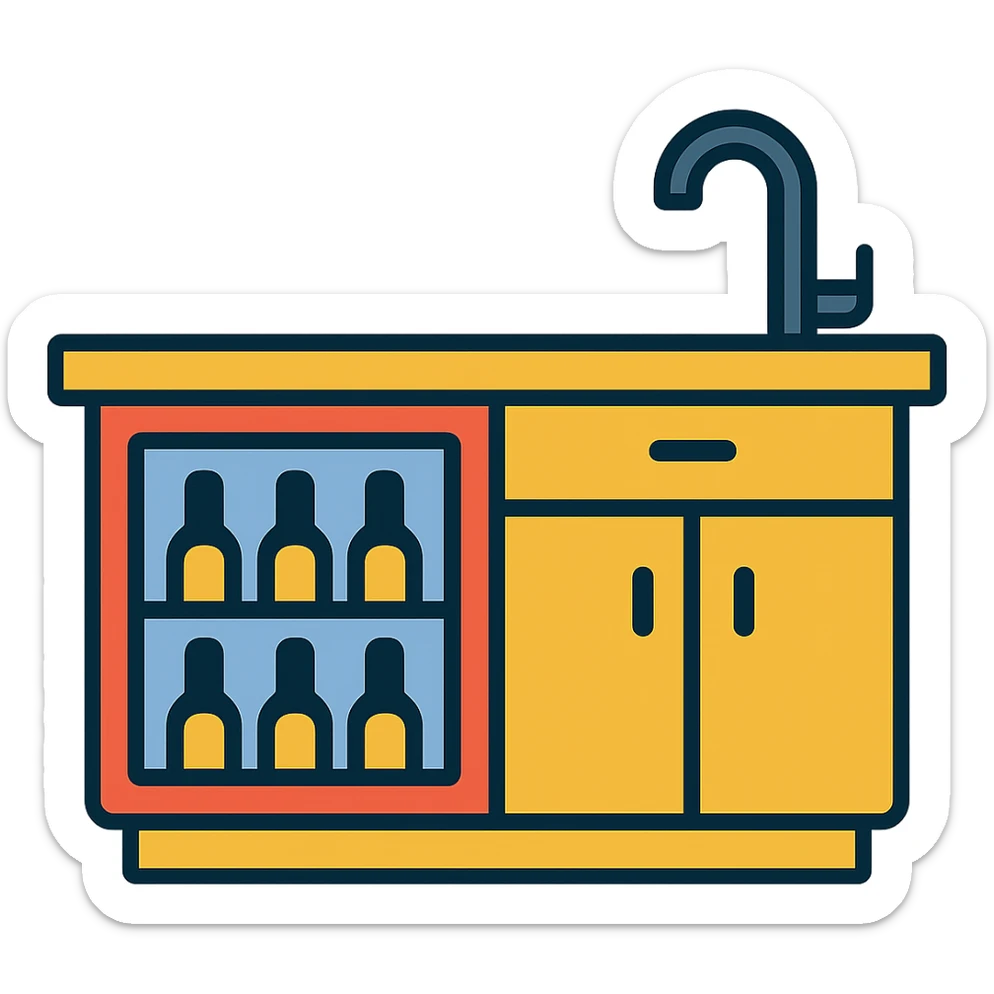 Wet bar with wine fridge and sink, minimal design, wood cabinets, color outline icon style, transparent background sticker