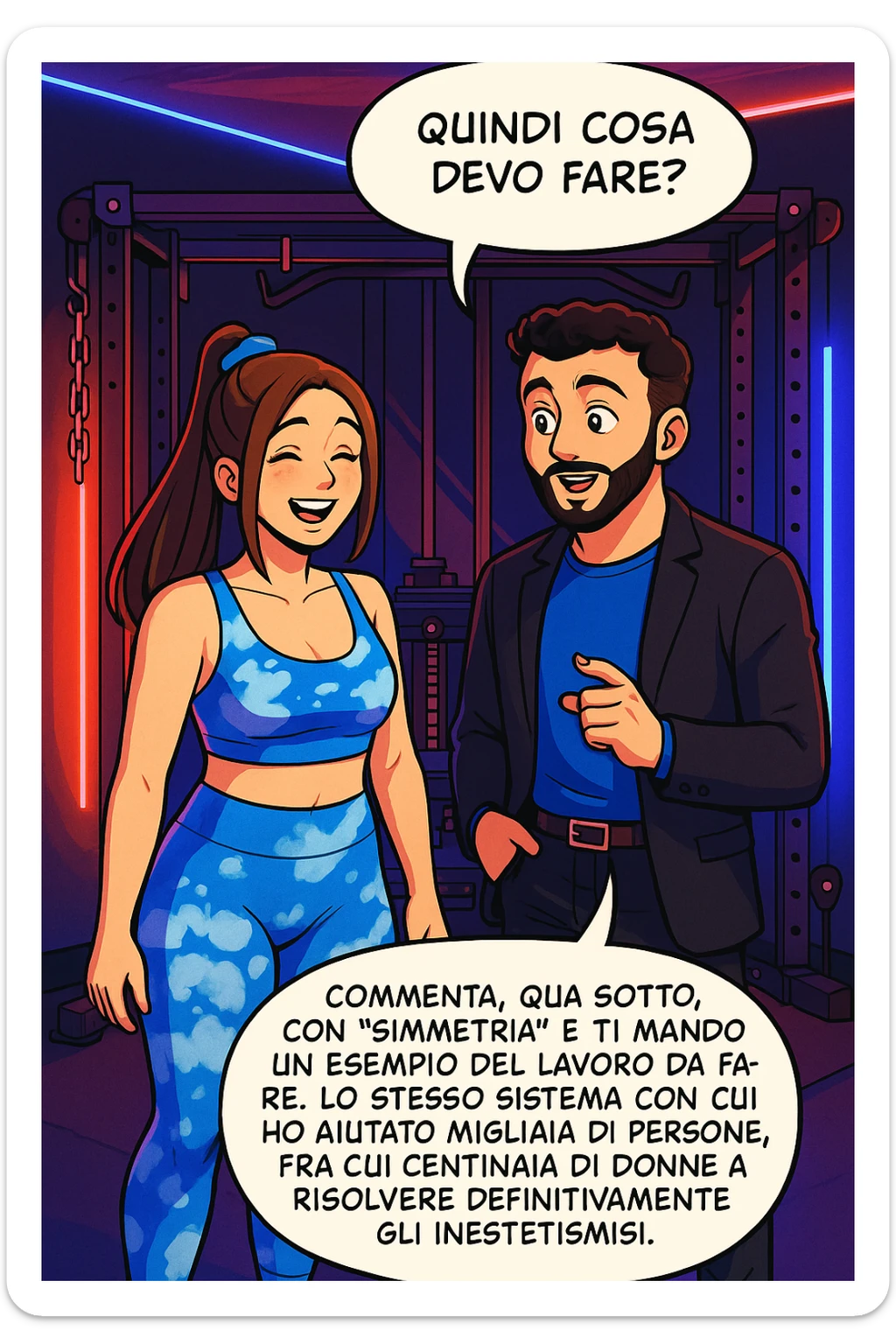 TRASFORMA QUESTO CAROSELLO IN UN FUMETTO STILE WEBTOON/MANGA A COLORI CON QUESTE DUE PERSONE IDENTICHE CHE INTERLOQUISCONO TRA LORO, LA DONNA SEMBRA SOLLEVATA/SODDISFATTA E CONTENTA:

LEI (DONNA): Quindi cosa devo fare?
LUI (UOMO): Commenta, qua sotto, con “simmetria” e ti mando un esempio del lavoro da fare. Lo stesso sistema con cui ho aiutato migliaia di persone, fra cui centinaia di donne a risolvere definitivamente gli inestetismi. sticker