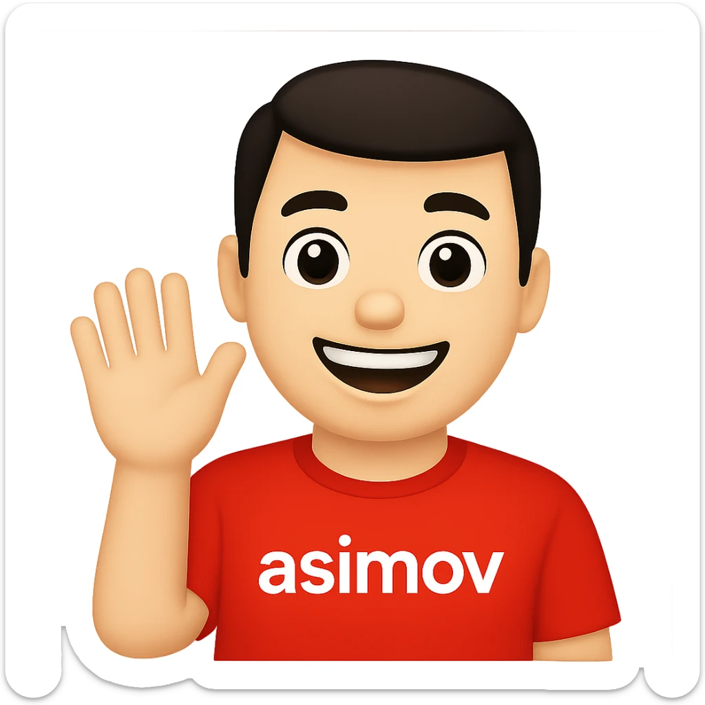 Convert the image of an office worker wearing a red 'asimov' t-shirt saying hello into a simple and expressive apple style emoji with a transparent background. Focus on capturing the essence of the office worker and the red 'asimov' t-shirt in the emoji style. sticker