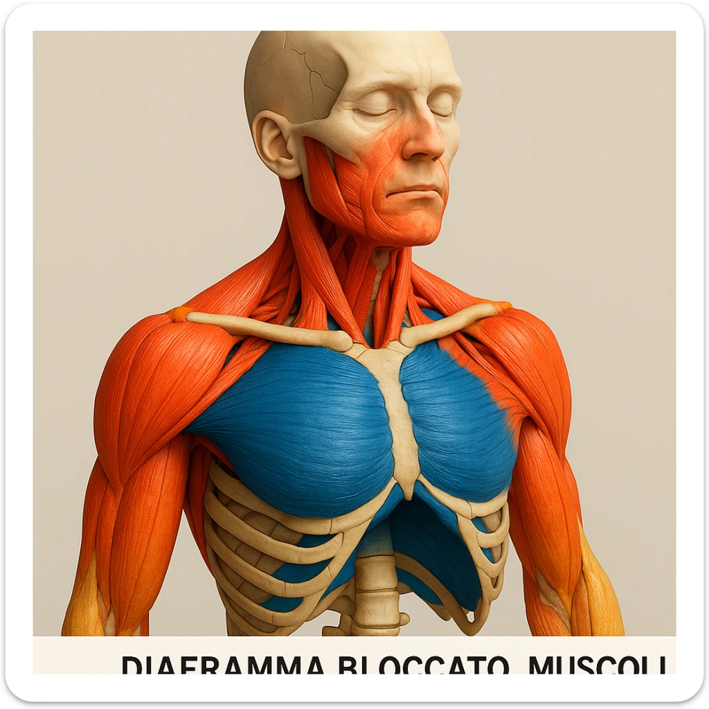 vista 3D del busto con diaframma bloccato, muscoli del collo e scapole sovraccaricati, colori vivaci, didascalia in italiano sticker