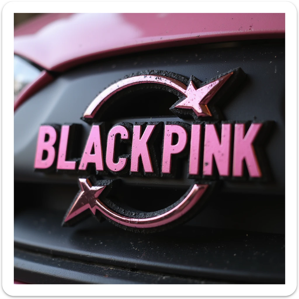 Blackpink logo, photorealistic style, pink and black colors, metallic and glossy finish sticker