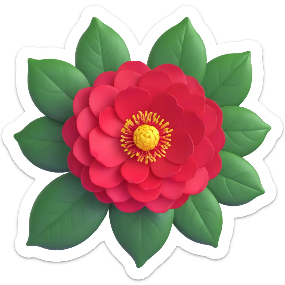 Detailed camellia japonica (tsubaki) flower with rich red formal double form petals, yellow stamens and shiny evergreen leaves sticker