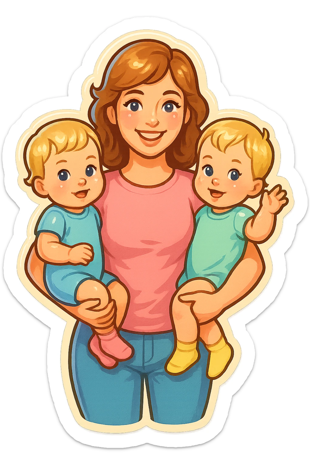 one-year-old twin girls with short light blonde hair sitting on mom's arms, all in pastel cute clothing, retro stickers style, soft shadows and highlights, several new variations sticker