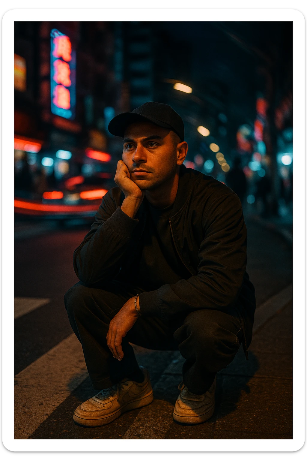 A cinematic night photo of a Southeast Asian man in his early 30s, with a medium tan (sawo matang) skin tone, sitting on the edge of a city sidewalk at night. He is wearing casual streetwear: a dark bomber jacket over a plain oversized T-shirt, loose-fit cargo pants, and worn-in sneakers. A black baseball cap is worn forward, slightly tilted. He sits with one knee up, resting one arm casually across it while the other hand props up his head — his chin resting on his knuckles, as he stares blankly toward the street ahead, deep in thought or zoning out.
The urban background is chaotic and colorful — glowing neon signs, streaks of red and blue light from passing cars, blurred silhouettes of pedestrians. A spiral or radial motion blur effect surrounds the background, emphasizing the stillness of the subject amidst the fast-moving city life.
Cinematic lighting highlights his face softly, with a warm glow on his skin while the surroundings remain moody and dark. The scene has a raw, introspective feel — like a frame from a neo-noir urban film. The ground beneath him is gritty and textured, the crosswalk lines and asphalt adding realism to the scene. sticker