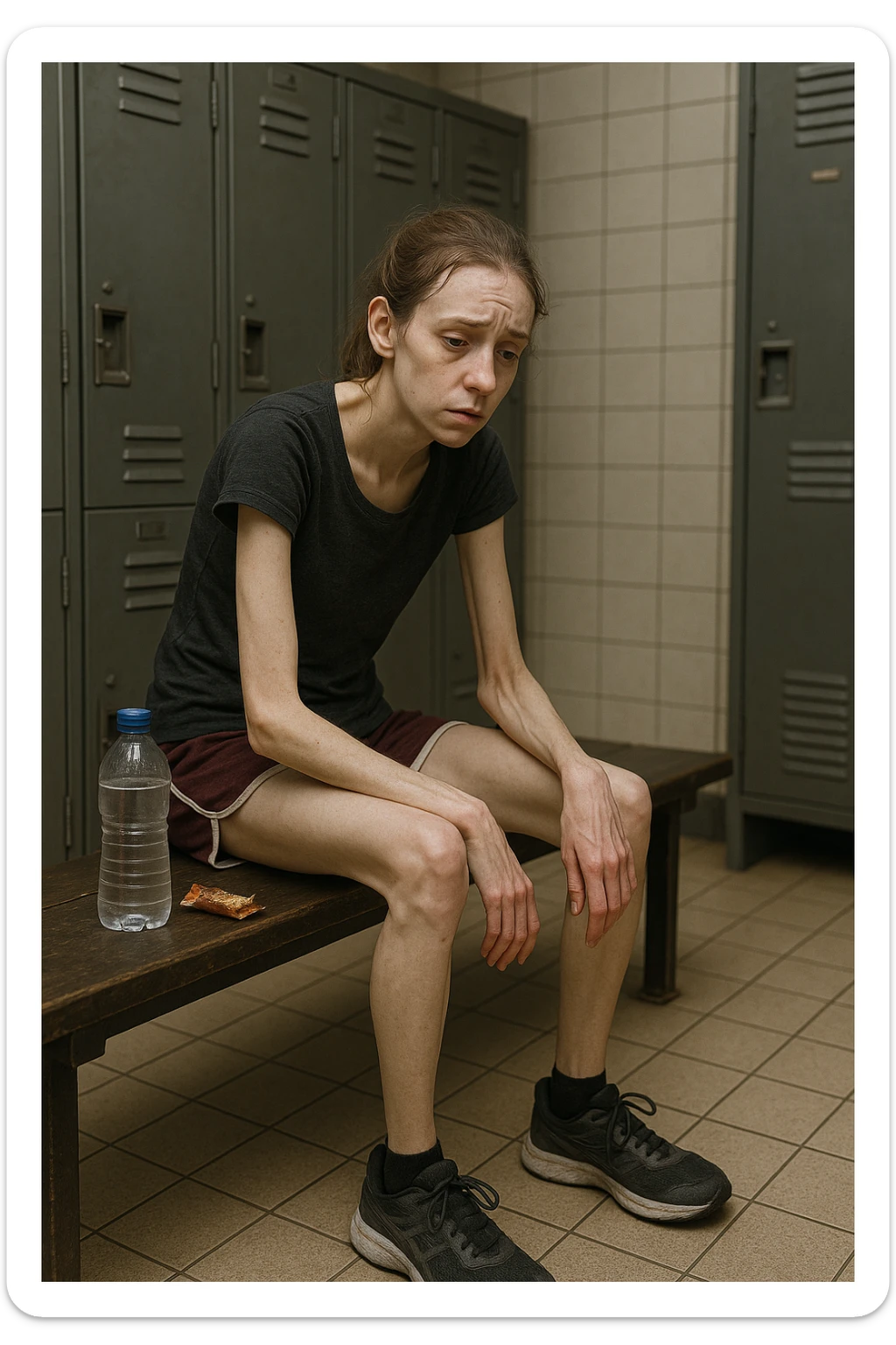 3D rendered scene: a woman in her 20s wearing running clothes sits on a bench in a locker room, looking exhausted and weak. Her face shows signs of fatigue, and her limbs appear thin and lacking muscle tone. A water bottle and a small, half-eaten snack are beside her, hinting at insufficient nutrition. The environment is realistic, with a focus on her physical and emotional state. sticker