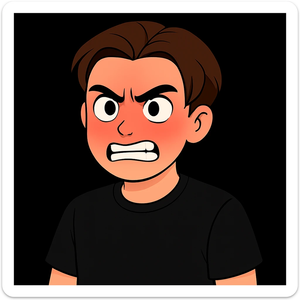 Edit the image of the boy to show him angry with a slightly reddened face, wearing a black shirt. Keep the face and style as in the original image. sticker