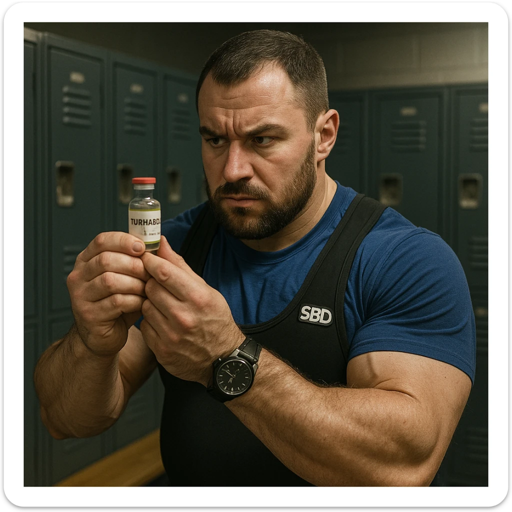 European powerlifter in competition clothing in a locker room, handling a vial labeled 'TURINABOL', suspicious expression, secretive atmosphere, realistic details, visible watch, locker room background sticker