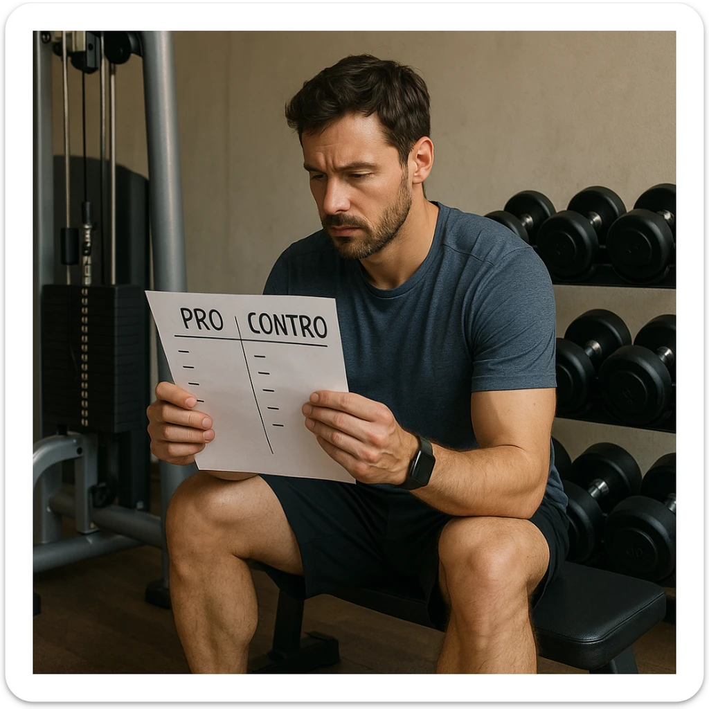 Realistic detailed scene of a man in sportswear sitting on a bench between an isotonic machine and a free weights rack, looking at a list of pros and cons written in Italian, atmosphere of choice, 4K quality. sticker